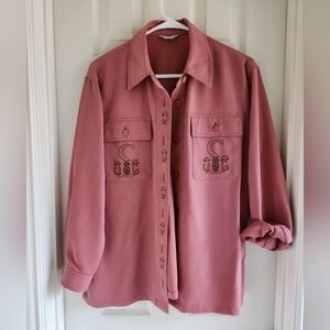 Vintage Embroidered CAT "S" Button Up Pink Collared Long Sleeve